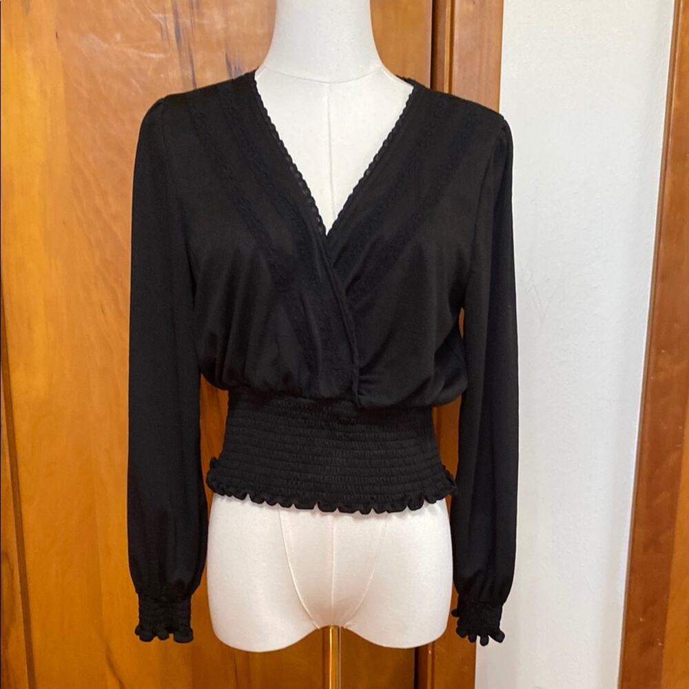 1. State Black Long Sleeve Wrap Blouse Top Lace Detail Smocked Waist Cuffs Boho